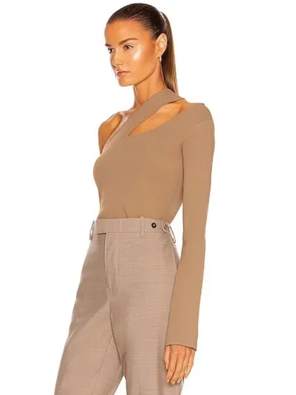 Nanushka Olivia Asymmetric One-Shoulder cut out Long Sleeve Top - Taupe S - Picture 3 of 9
